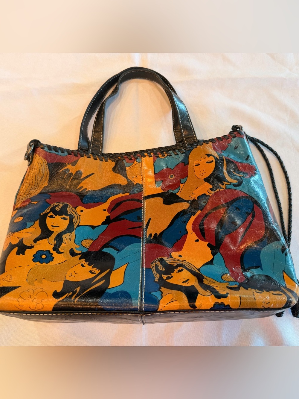 Patricia Nash Beautiful Girl Faces & Floral Multicolor Leather Bag Retired